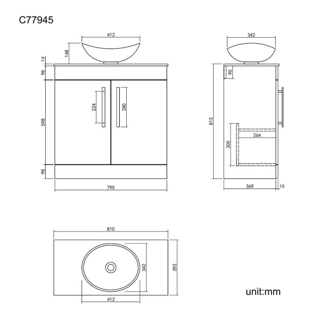 Avon Stone Grey Vanity with Marble Top & Oval Counter Top Basin 800mm - Black Accents