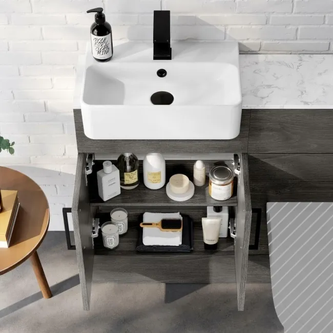 Harper Charcoal Elm Basin Vanity with Marble Top & Back To Wall Unit 1000mm - Black Accents