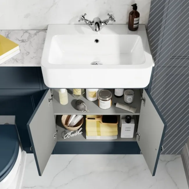 Monaco Inky Blue Combination Vanity Basin with Marble Top & Hudson Toilet with Wooden Seat 1200mm