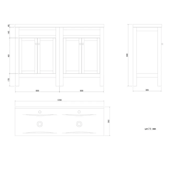 Bermuda Inky Blue Double Basin Vanity 1200mm - Brushed Brass Accents