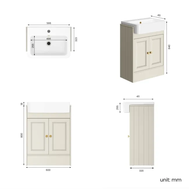 Monaco Chalk White Basin Vanity 600mm - Brushed Brass Accents