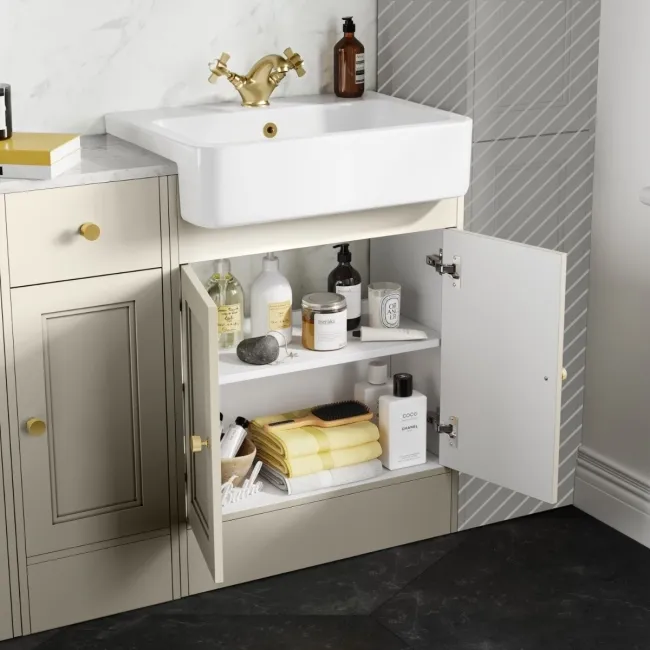 Monaco Chalk White Combination Vanity Basin with Marble Top 1500mm (Excludes Pan & Cistern) - Brushed Brass Accents