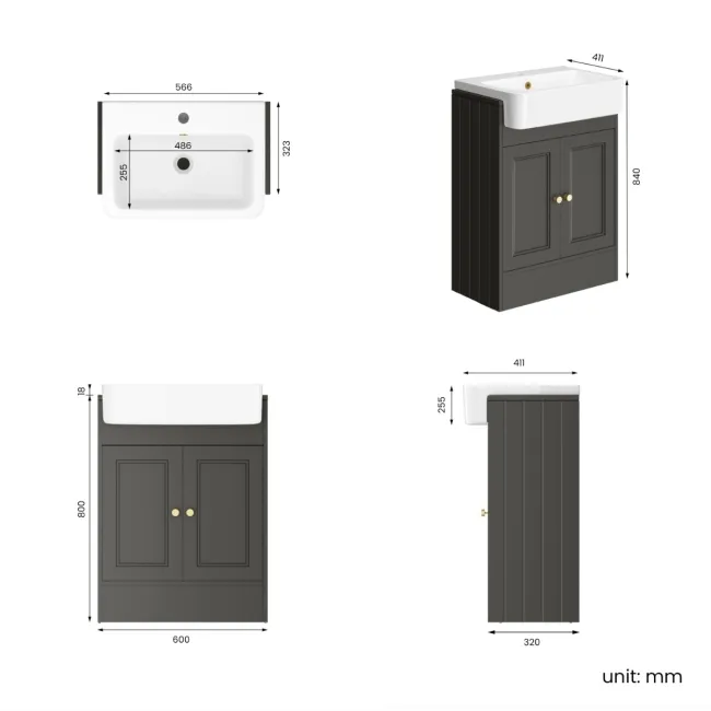 Monaco Graphite Grey Basin Vanity 600mm - Brushed Brass Accents