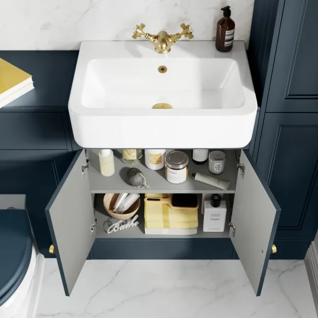 Monaco Inky Blue Basin Vanity 600mm - Brushed Brass Accents