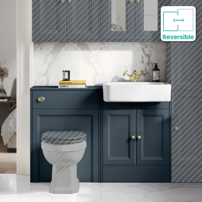 Monaco Inky Blue Basin Vanity and Back To Wall Unit 1200mm (Excludes Pan & Cistern) - Brushed Brass Accents