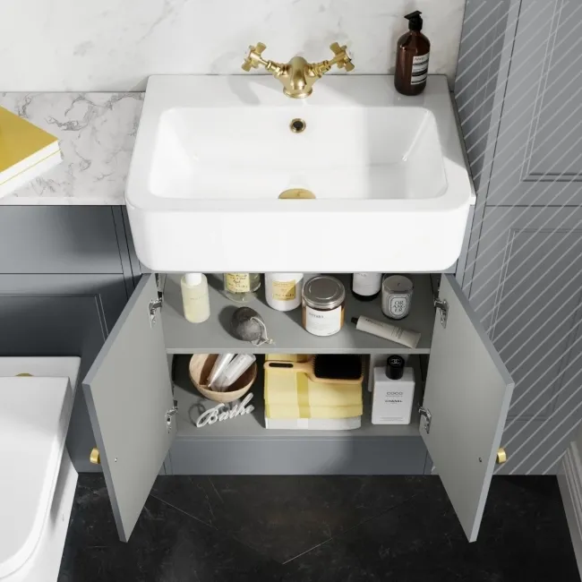 Monaco Dove Grey Combination Vanity Basin with Marble Top & Atlanta Toilet 1200mm - Brushed Brass Accents