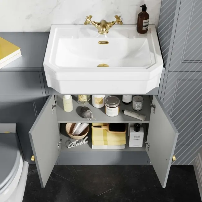 Monaco Dove Grey Combination Vanity Traditional Basin and Hudson Toilet with Wooden Seat 1200mm - Brushed Brass Accents