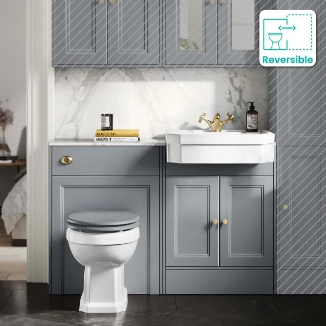 Monaco Dove Grey Combination Vanity Traditional Basin with Marble Top & Hudson Toilet with Wooden Seat 1200mm - Brushed Brass Accents