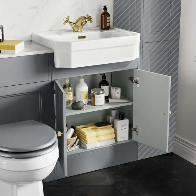 Monaco Dove Grey Combination Vanity Traditional Basin with Marble Top & Hudson Toilet with Wooden Seat 1200mm - Brushed Brass Accents