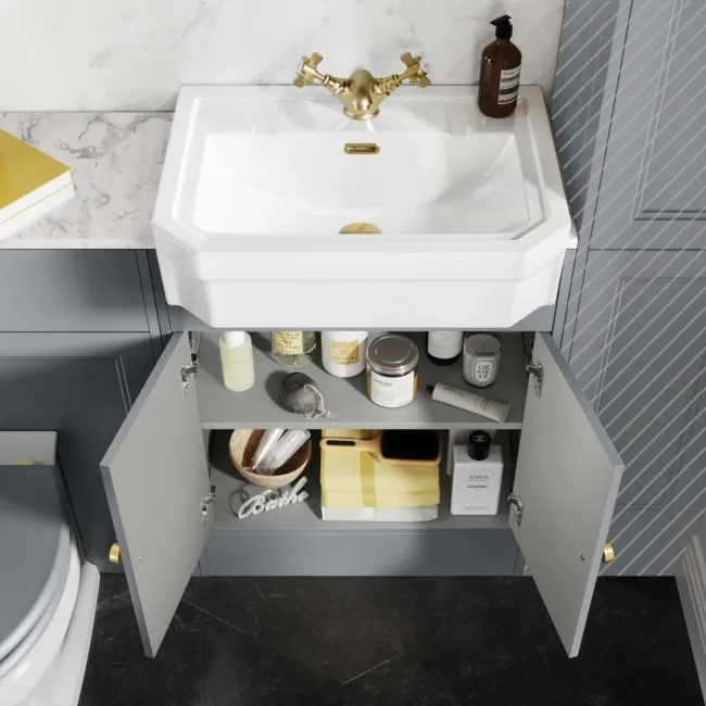 Monaco Dove Grey Combination Vanity Traditional Basin with Marble Top & Hudson Toilet with Wooden Seat 1200mm - Brushed Brass Accents