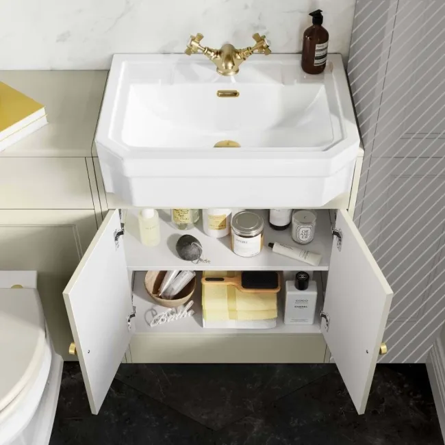 Monaco Chalk White Combination Vanity Traditional Basin and Hudson Toilet with Wooden Seat 1200mm - Brushed Brass Accents
