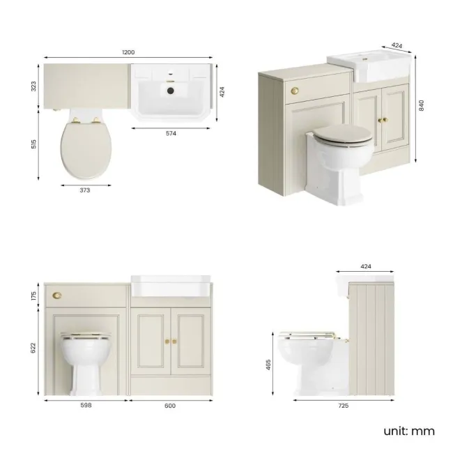 Monaco Chalk White Combination Vanity Traditional Basin and Hudson Toilet with Wooden Seat 1200mm - Brushed Brass Accents