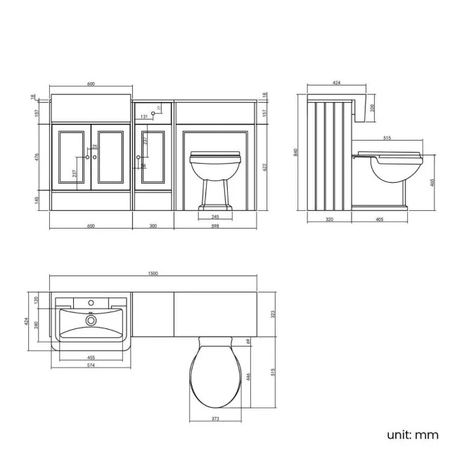 Monaco Chalk White Combination Vanity Traditional Basin and Hudson Toilet with Wooden Seat 1500mm - Brushed Brass Accents