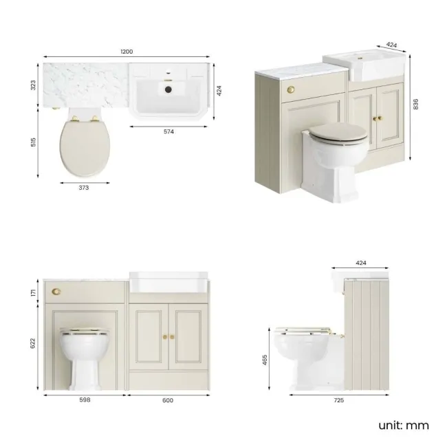 Monaco Chalk White Combination Vanity Traditional Basin with Marble Top & Hudson Toilet with Wooden Seat 1200mm - Brushed Brass Accents
