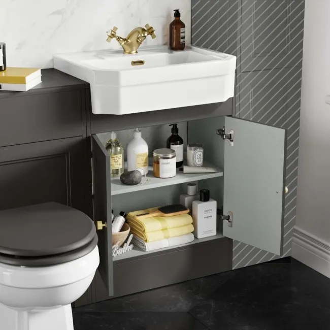 Monaco Graphite Grey Combination Vanity Traditional Basin and Hudson Toilet with Wooden Seat 1200mm - Brushed Brass Accents