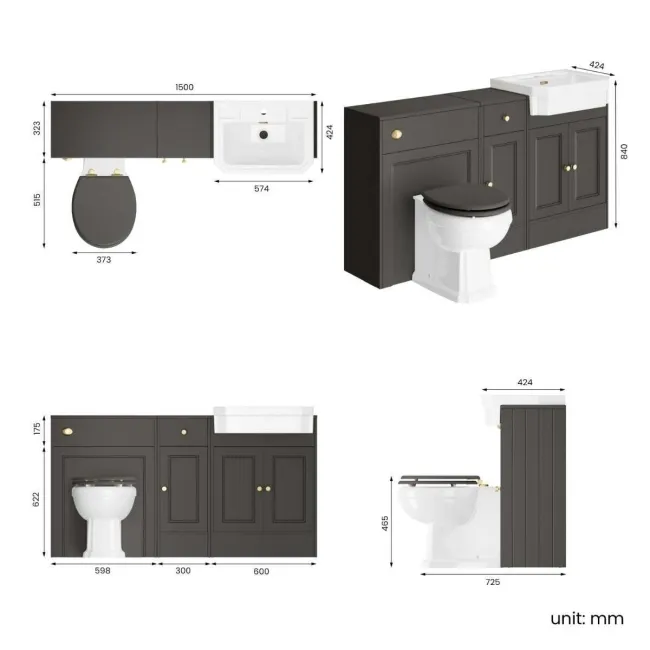 Monaco Graphite Grey Combination Vanity Traditional Basin and Hudson Toilet with Wooden Seat 1500mm - Brushed Brass Accents