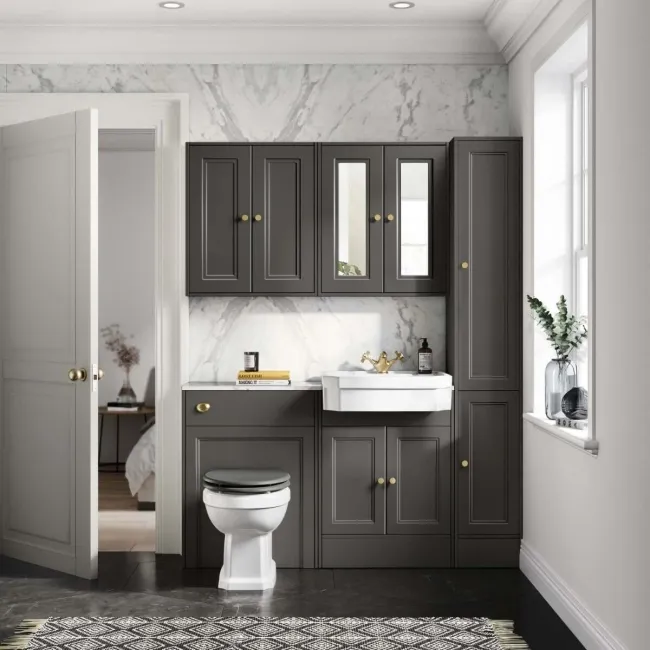 Monaco Graphite Grey Combination Vanity Traditional Basin with Marble Top & Hudson Toilet with Wooden Seat 1200mm - Brushed Brass Accents