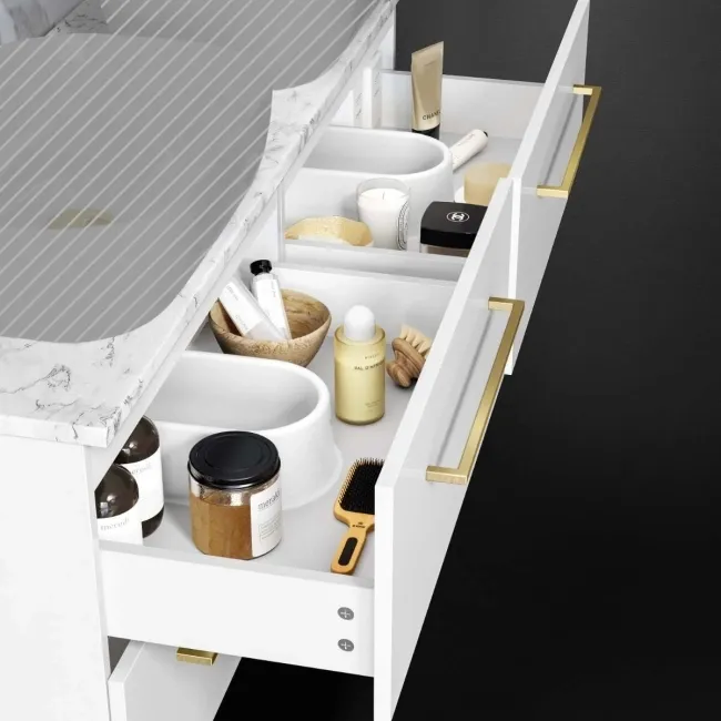 Elba Gloss White Wall Hung Drawer with Marble Top 1200mm Excludes Basins - Brushed Brass Accents