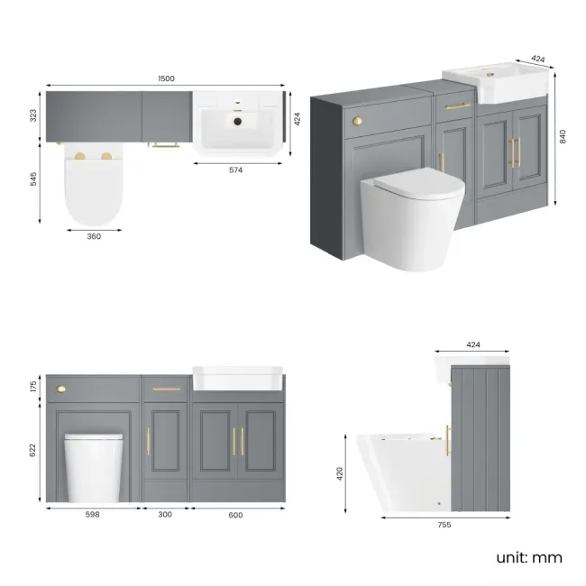 Monaco Dove Grey Combination Vanity Traditional Basin and Boston Toilet 1500mm - Brass Knurled Handles