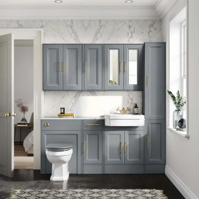 Monaco Dove Grey Combination Vanity Traditional Basin with Marble Top & Hudson Toilet with Wooden Seat 1500mm - Brass Knurled Handles
