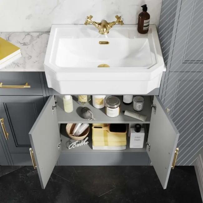 Monaco Dove Grey Combination Vanity Traditional Basin with Marble Top & Hudson Toilet with Wooden Seat 1500mm - Brass Knurled Handles