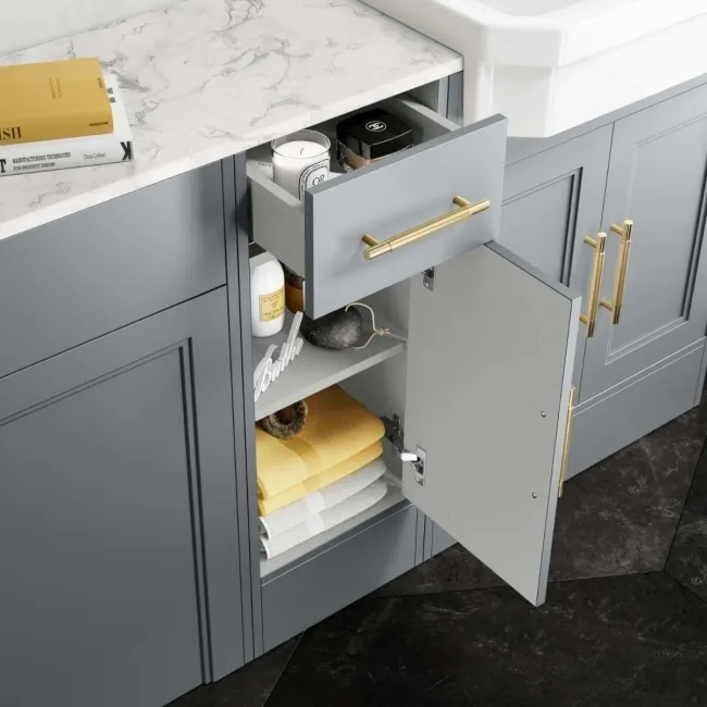 Monaco Dove Grey Combination Vanity Traditional Basin with Marble Top & Hudson Toilet with Wooden Seat 1500mm - Brass Knurled Handles