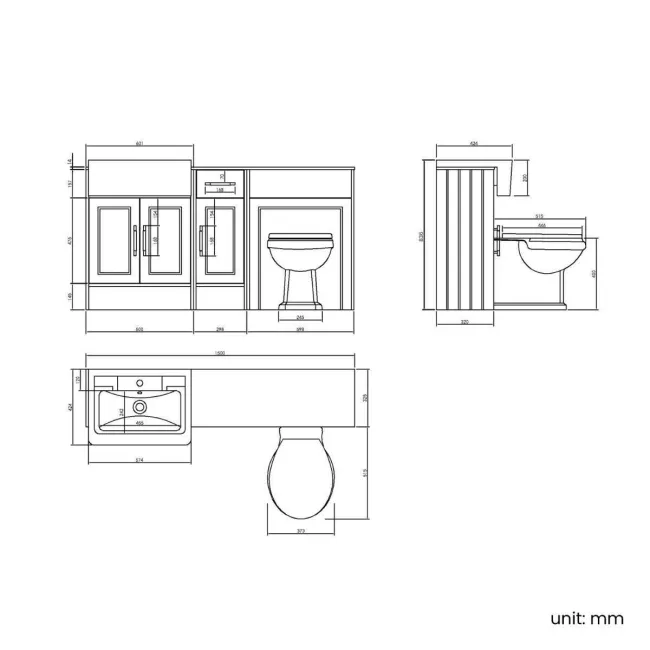 Monaco Dove Grey Combination Vanity Traditional Basin with Marble Top & Hudson Toilet with Wooden Seat 1500mm - Brass Knurled Handles