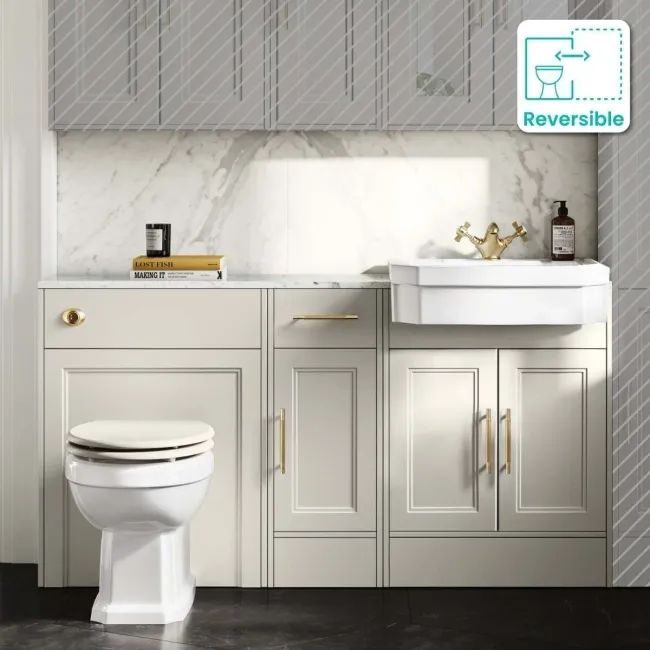 Monaco Chalk White Combination Vanity Traditional Basin with Marble Top & Hudson Toilet with Wooden Seat 1500mm - Brass Knurled Handles