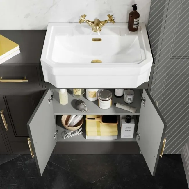 Monaco Graphite Grey Combination Vanity Traditional Basin and Hudson Toilet with Wooden Seat 1500mm - Brass Knurled Handles