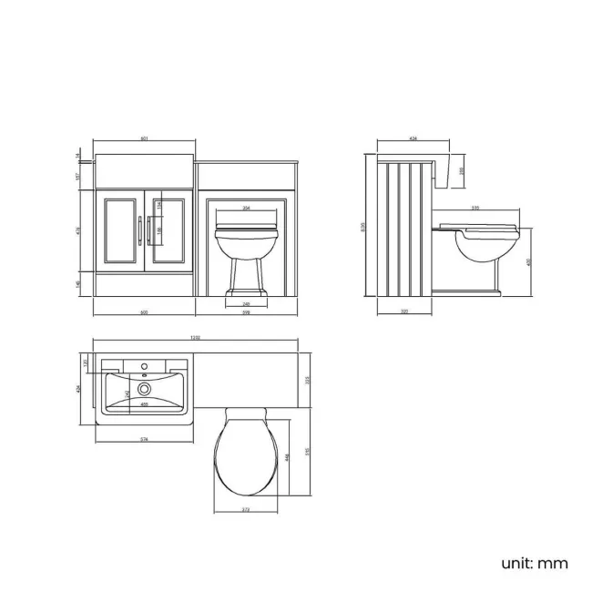 Monaco Graphite Grey Combination Vanity Traditional Basin with Marble Top & Hudson Toilet with Wooden Seat 1200mm - Brass Knurled Handles