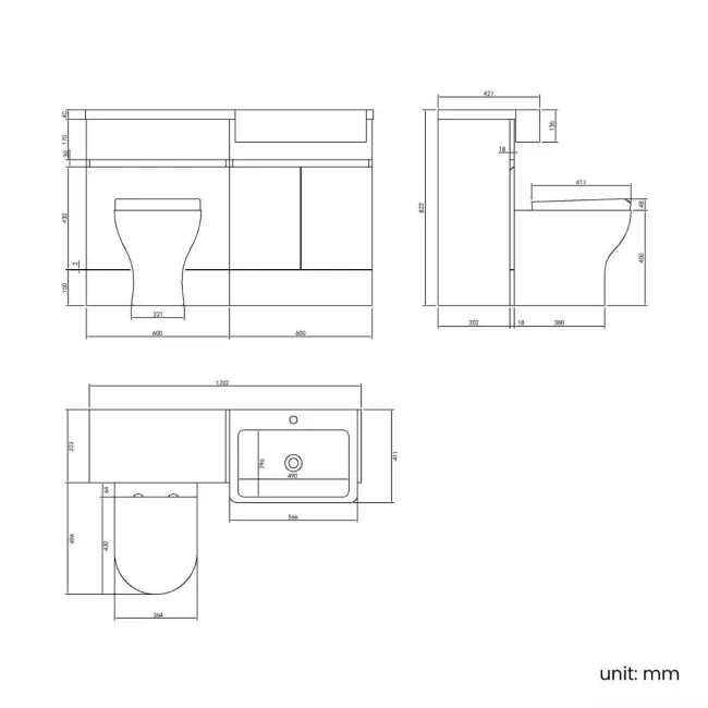 Foster Tungsten Grey Combination Vanity Basin and Tucson Toilet 1200mm - Right Handed