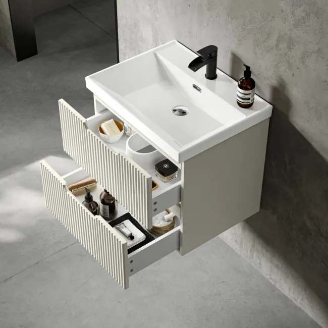 Crete Fluted Linen White Wall Hung Basin Drawer Vanity 600mm