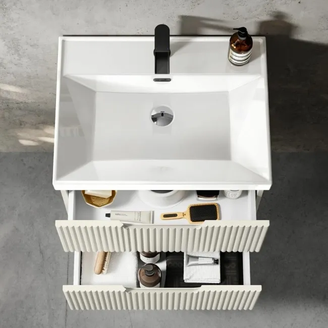 Crete Fluted Linen White Wall Hung Basin Drawer Vanity 600mm