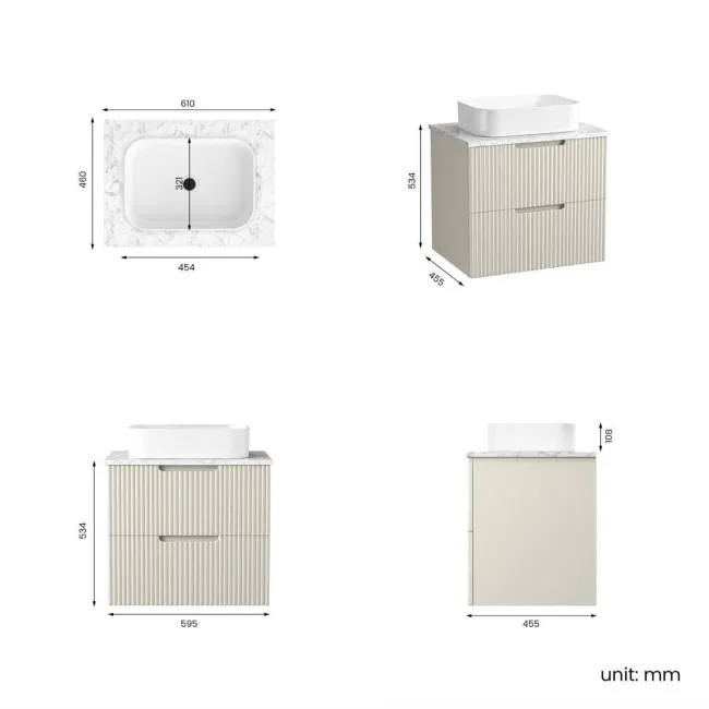 Crete Fluted Linen White Wall Hung Drawer Vanity with Marble Top & Marin Basin 600mm