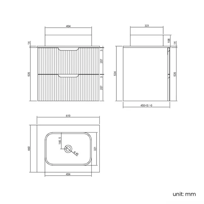 Crete Fluted Linen White Wall Hung Drawer Vanity with Marble Top & Marin Basin 600mm