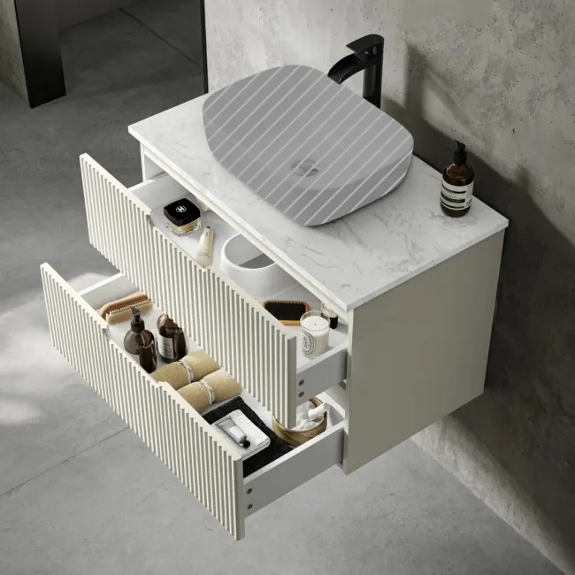 Crete Fluted Linen White Wall Hung Drawer Vanity with Marble Top 800mm - Excludes Counter Top Basin