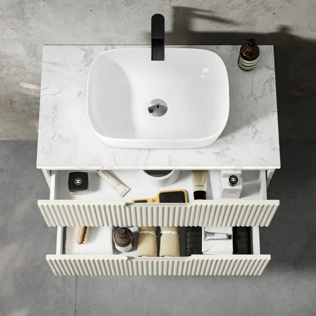 Crete Fluted Linen White Wall Hung Drawer Vanity with Marble Top & Curved Basin 800mm