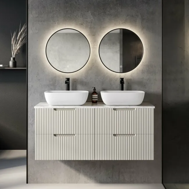 Crete Fluted Linen White Double Wall Hung Drawer Vanity with Marble Top & Curved Basin 1200mm