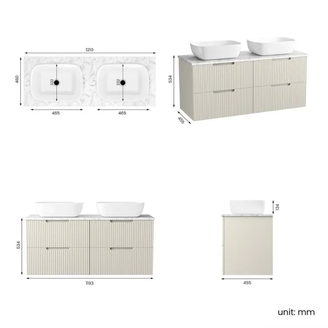 Crete Fluted Linen White Double Wall Hung Drawer Vanity with Marble Top & Curved Basin 1200mm