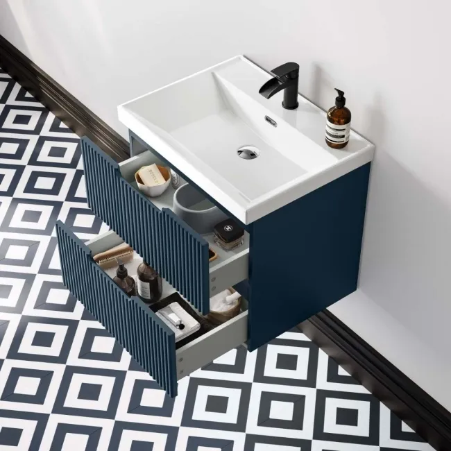 Crete Fluted Navy Blue Wall Hung Basin Drawer Vanity 600mm