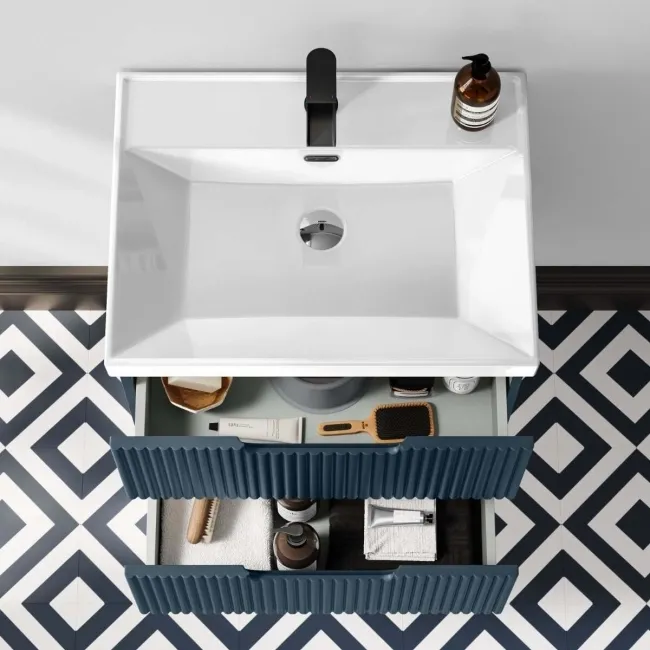 Crete Fluted Navy Blue Wall Hung Basin Drawer Vanity 600mm