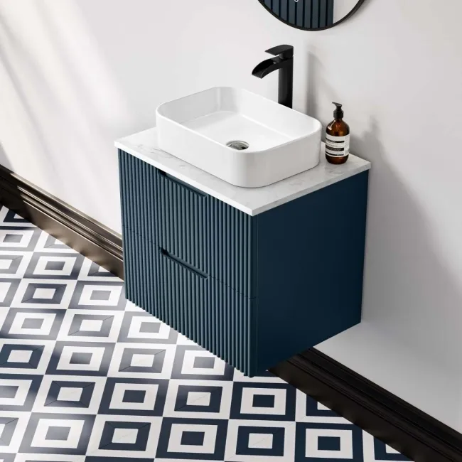 Crete Fluted Navy Blue Wall Hung Drawer Vanity with Marble Top & Marin Basin 600mm