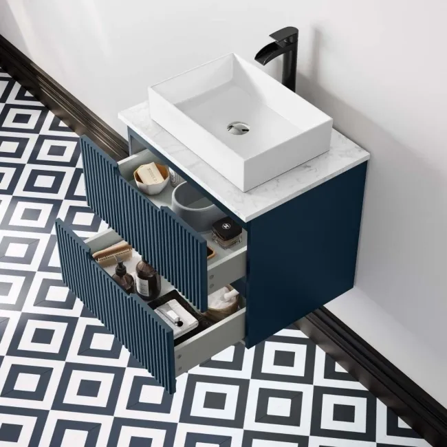 Crete Fluted Navy Blue Wall Hung Drawer Vanity with Marble Top & Cody Basin 600mm