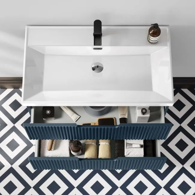 Crete Fluted Navy Blue Wall Hung Basin Drawer Vanity 800mm