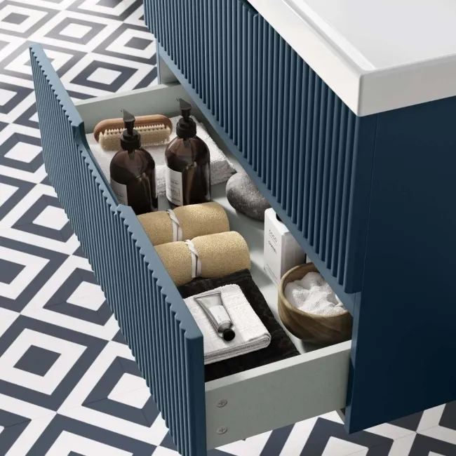 Crete Fluted Navy Blue Wall Hung Basin Drawer Vanity 800mm