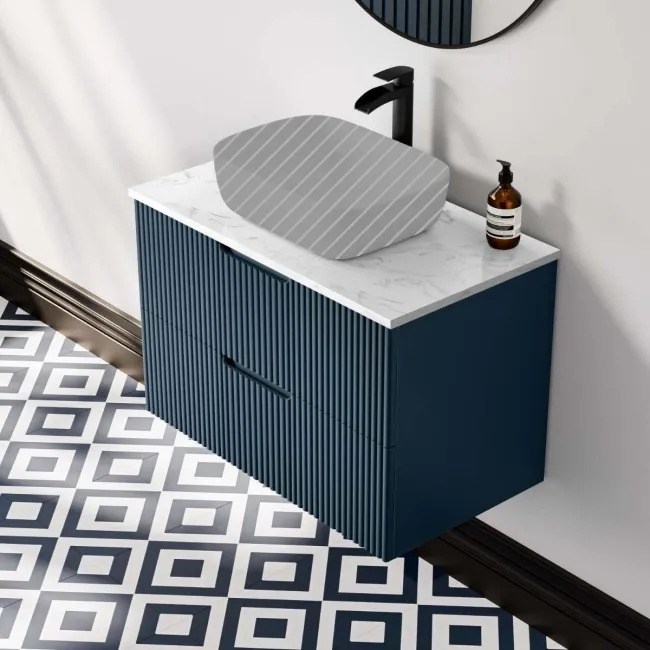 Crete Fluted Navy Blue Wall Hung Drawer Vanity with Marble Top 800mm - Excludes Counter Top Basin