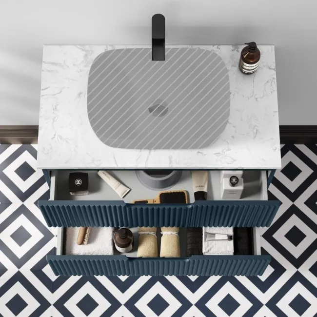 Crete Fluted Navy Blue Wall Hung Drawer Vanity with Marble Top 800mm - Excludes Counter Top Basin