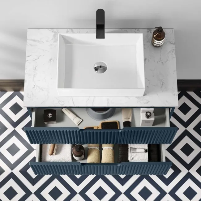 Crete Fluted Navy Blue Wall Hung Drawer Vanity with Marble Top & Cody Basin 800mm