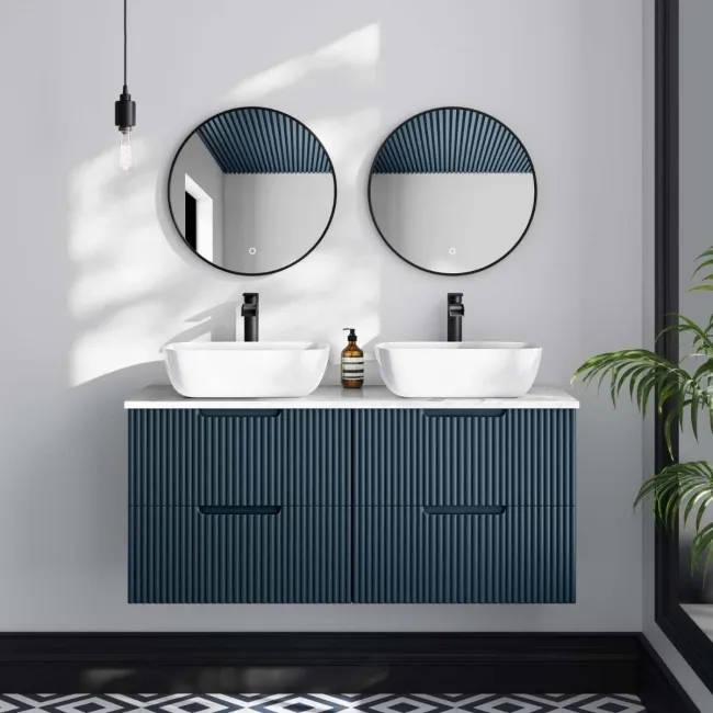 Crete Fluted Navy Blue Double Wall Hung Drawer Vanity with Marble Top & Curved Basin 1200mm