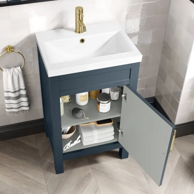 Bermuda Inky Blue Basin Vanity 500mm - Brass Knurled Handles